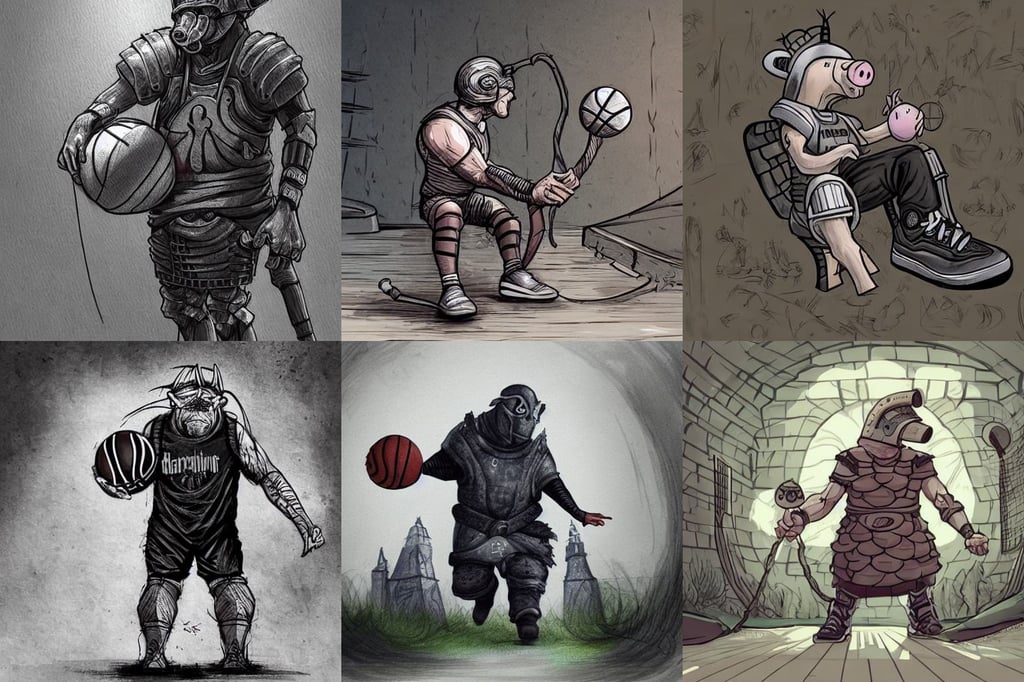 basketball sneakers concept of cable, dark ambient, a pig tries to prevent the success of the deal, speedpainting, wearing a medieval helmet, casual black clothing, elegant multidimensional cathedral of plants