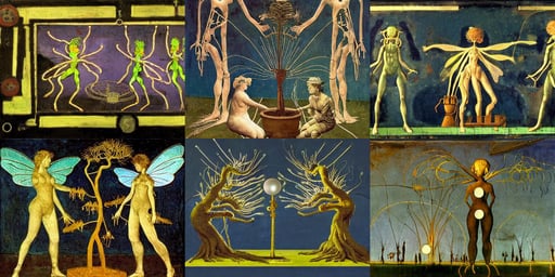 steampunk fairies wiring a bioluminescent bonsai, art by Piero Della Francesca, dirty and ruined image, rougish, trending on artstation, art by Jean-michel Basquiat, symmetrical, art by Kazimir Malevich