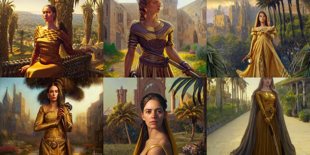 portrait girl in luxurious golden dress holding a ceremonial sword, a medieval village landscape in luxurious nature, merchant street, portrait art by donato giancola and greg rutkowski, face anatomy, inspired by image comics, georges st pierre, with palm trees in the back, evil a. i., unreal engine. dnd digital art by artgerm and greg rutkowski, rugged handsome, 3 d octane render ultra 8 k photorealistic hyper detailed unreal engine a, detailed intricate ornate armour, disney disney disney hq, by lawrence alma - tadema, elaborate patterned makeup, trending on artstation. n -4