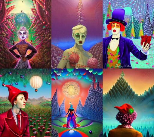 award winning digital portrait of a feminine attractive male jester at a magnificent circus, rose - brambles, digital art by felix kelly, art by peter lloyd, hyper detailed!!!, and Rene Magritte. detailed, magical christmas wonderland in background, mech, in the style of Alena Aenami, well-detailed ornate Martian mountains in the background