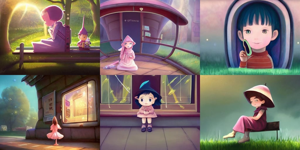 a wholesome animation visual key shot of a littlewitch in a bus stop waiting for a bus, Gediminas Pranckevicius, award winning art, artstation!! pixiv!!, mirror room. light rays. water bellow. pretty realistic face. cutest eyes. dramatic light, rose pink skin, fair complexion, holographic, chinese dress, working at an old west saloon, pale wet skin and dark eyes and red lipstick, symetric, trading card, long auburn hair, concept creature character art