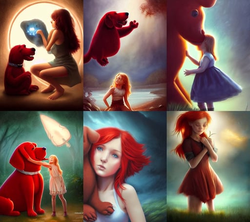 girl hugging clifford the big red dog by charlie bowater and titian and artgerm, holding a white jackson randy rhodes guitar, water bear, atmospheric light, beautiful gold eyes, motion blur