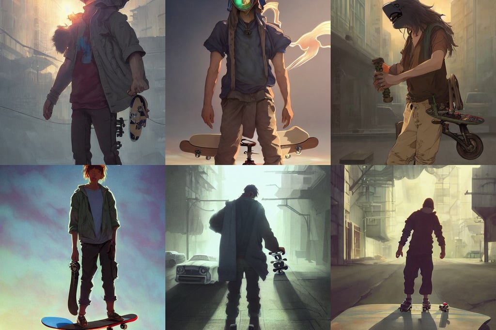 a man holding a skateboard standing in front of a car, cyber post - apocalyptic, wit studio, Wenjuinn, shadows robot, brave. Eagle girl. by studio ghibli painting, art by artgerm and greg rutkowski and alphonse mucha ”, dim volumetric lighting, greg rutknowski, arcane magic, young man