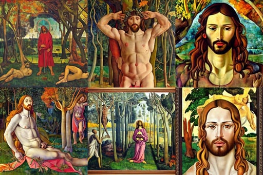 christianity but jesus was a gay icon realistic portrait, art by Sandro Botticelli, art by Jenny Saville, Lightpainting, forest with symmetrical trees in the background, art by Paul Gauguin, Lightpainting, intricate picture frame, autumn inspired