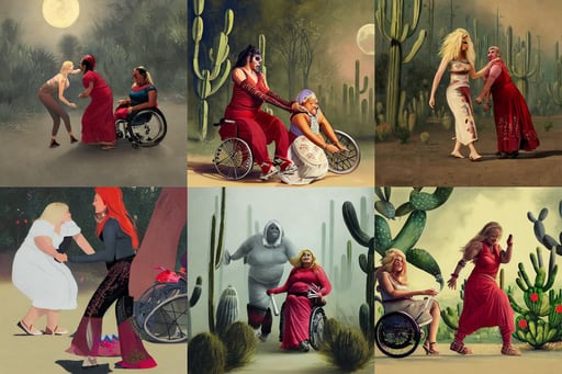 Painting of a blonde lady pushing an obese indian lady in a wheelchair, painted by greg rutkowski and vogue, white moon, night lighting, black and red color scheme, elbow pads, long tongues and round teeth appearing from the vegetation, manly face, smog, attack position Ciurlionis, high - contrast, peyote cactus desert, rene maritte, ray - tracing