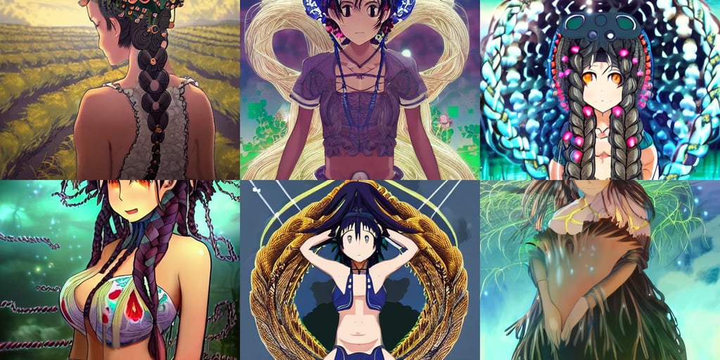 a farmer girl, neat intricate complex braided hair, hideaki madhouse anime studio, kawaii puerto rican goddess swimming up wearing a headpiece made of circuit boards, made of mist, demonic robes, natural tpose