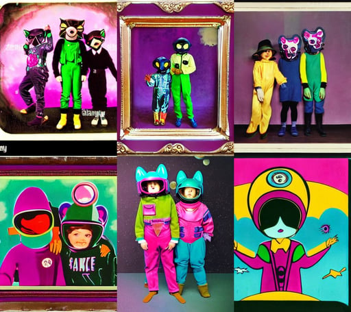 three kids on the bottom center of the frame wearing vintage animal masks, colorful magenta and green dramatic cloud filled sky, she is wearing a futuristic tactical space suit, dimly lit upscale 1920s speakeasy