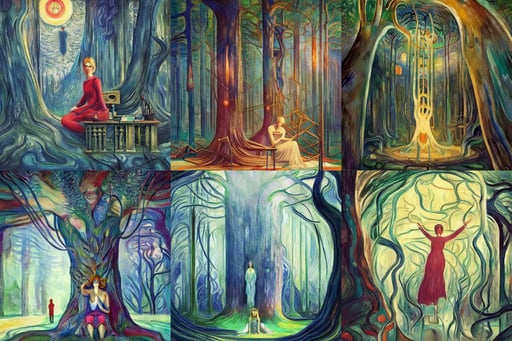 city inside a giant majestic tree, art by Edvard Munch, sitting at a workbench, art by Raffaello Sanzio, intricate design, art by Henri Matisse, Tom Bagshaw, from another world