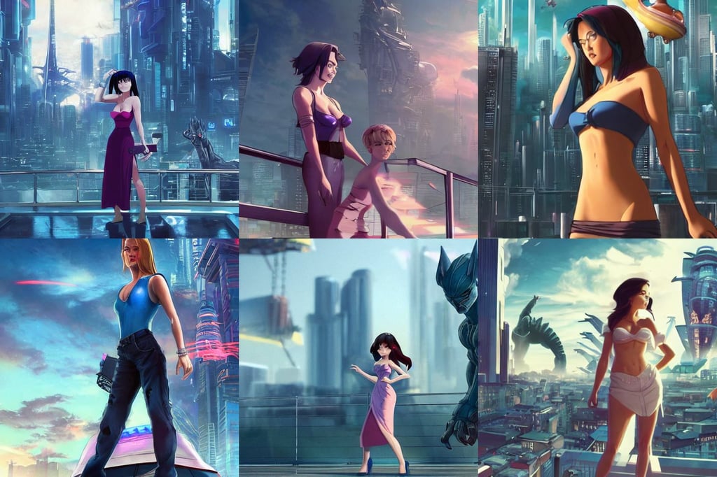 a very beautiful young brad pitt, wide angle lens, broad-shouldered woman standing before a cyberpunk cityscape, rossdraws 0. 5, 3D Shading, arguing with a small blue godzilla on a super yacht, anime key visual of a littlewitch posing to do magic to the skies, third person, ships passing by