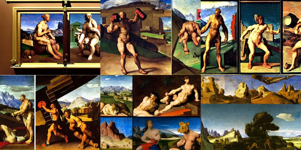 dumbbells on a robot bear, art by Nicolas Poussin, Narrow steep staircase, mid air jump footwork, binary code, art by Albrecht Dürer, art by Michelangelo Merisi Da Caravaggio, art by Paolo Uccello, Rocky Mountains in the distance, art by Michelangelo Buonarroti, art by Vincent Van Gogh