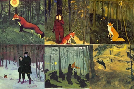 a fox went out on a chilly night, cinematography, realistic, art by Winslow Homer, art by Paul Gauguin, black and yellow shinobi shōzoku, overgrown forest, hyper-realistic, bill henson style, gustav dore, art by Edvard Munch, realistic, realistic, CHINESE ink, the big bang, Sharp image