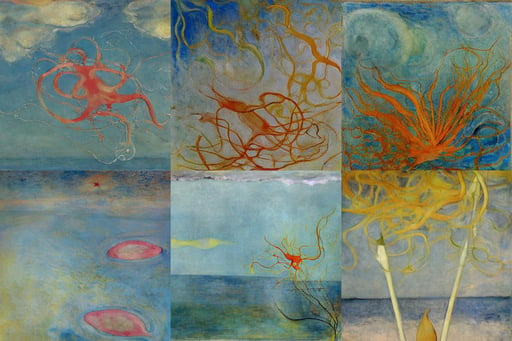 translucent sea creature on the shore, art by Hilma Af Klint, art by Piet Mondrian, overgrown forest, trending on artstation, whimsical, art by Leonardo Da Vinci, art by Jackson Pollock, art by Paul Gauguin, wing-tip to wing-tip, autumn inspired, art by Sir Peter Paul Rubens, Sharp image, frazetta, art by Albrecht Dürer, art by Claude Monet, octane render Madhouse INC, art by Joan Miró, art by William Blake, art by Paul Cézanne