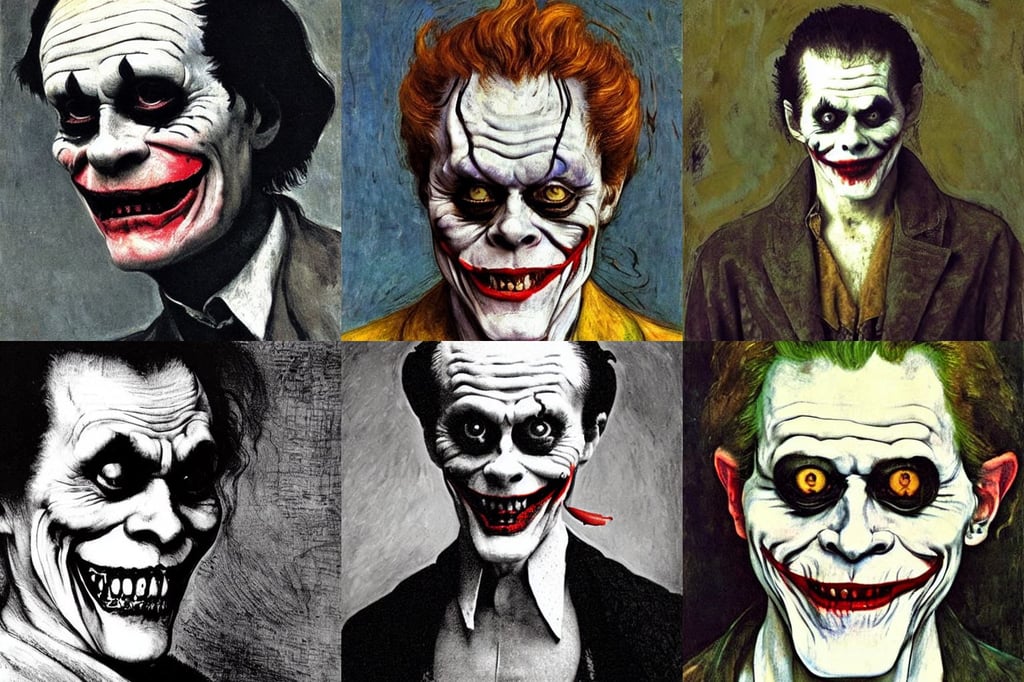 Willem Dafoe as a super creepy Victorian joker, art by Leonardo Da Vinci, deviantart, art by Albrecht Dürer, art by Claude Monet, Alex Grey, art by Jean-michel Basquiat, night, art by Sandro Botticelli, art by Paul Cézanne, art by Domenikos Theotokopoulos, art by Edvard Munch