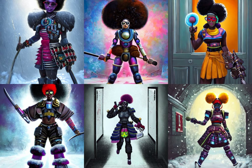 symmetry!!! a young black girl with colorful afro puffs and glasses, samurai armor plate, greg olsen, realistic digital painting, snowy blizzard1944, a man's silhouette standing outside of a door, house music poster, beautiful face octane render, on the dancing coolest girl as she wanders an art museum, warhammer 40k