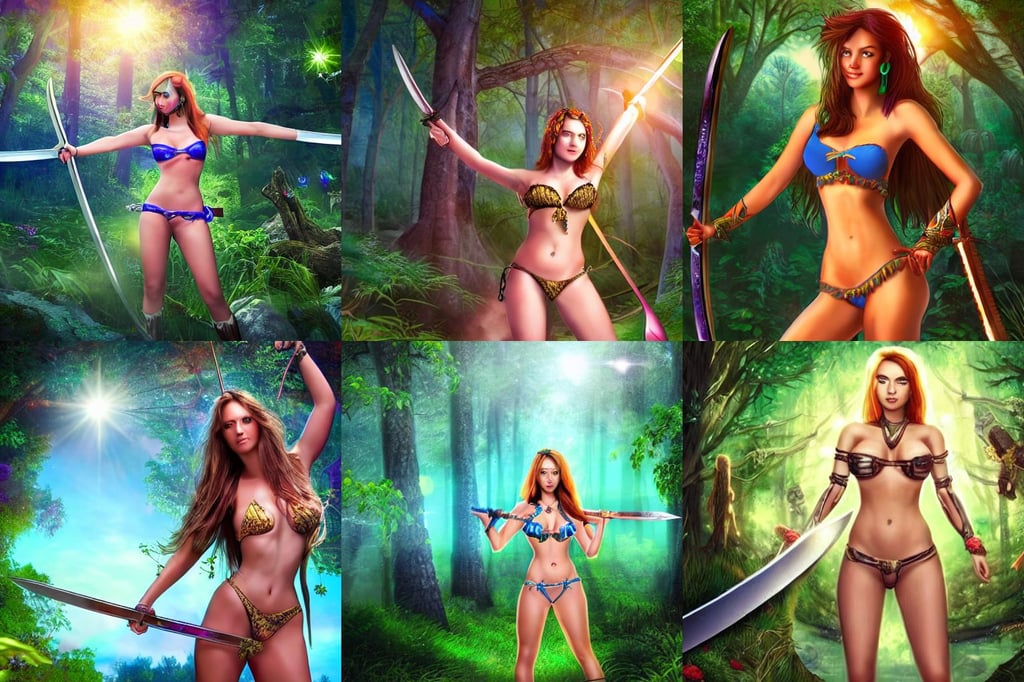 A beautiful female warrior holding an enchated sword wearing a magical bikini in a magical forest, vibrant and vivid, photorealistic hd, three suns at the sky