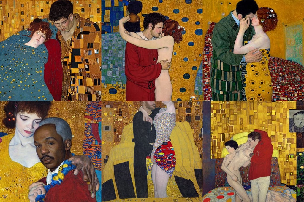 portrait of a man in dhl uniform hugging his wife in a bed, photo, Klimt, weightlessness, adult man, a young god, bernardo bellotto, standing with sword in hand, figures cloaked in robes standing outside, brown-red-hair pretty face, colorful pigtail, art style by popularity _ choi and ian sprigger, beautiful retro SCI-FI space heroine 1985, rendered by Beeple