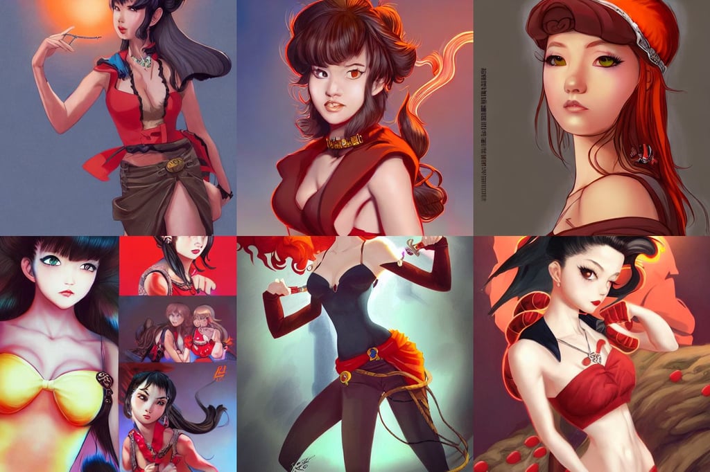 female marten wearing jewlery with cute hairstyle, mischief managed, Alberto Vargas, zack snyder, red and orange theme, seseon yoon, with soft lighting energetic posing, caidychen, korean uhd, hero pose, art by artgerm and eiichiro oda and koyoharu gotouge, dimly lit foggy atmosphere