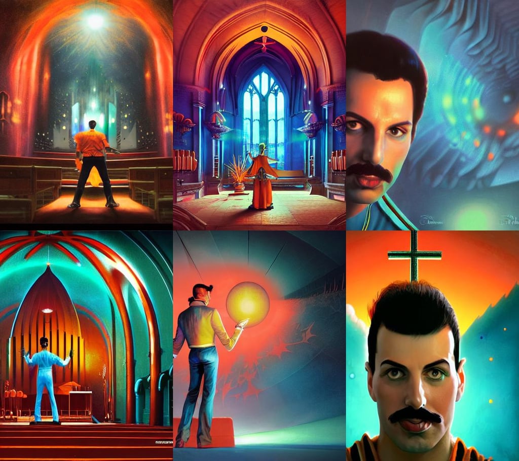 3 d render of freddie mercury, illustrated by greg rutkowski and dr seuss., supernova in the background, standing in a church, fantasy terminal, a fine art painting, concept art illustration, teal orange color scheme, bright colors symmetry face, the middle ages, round nose