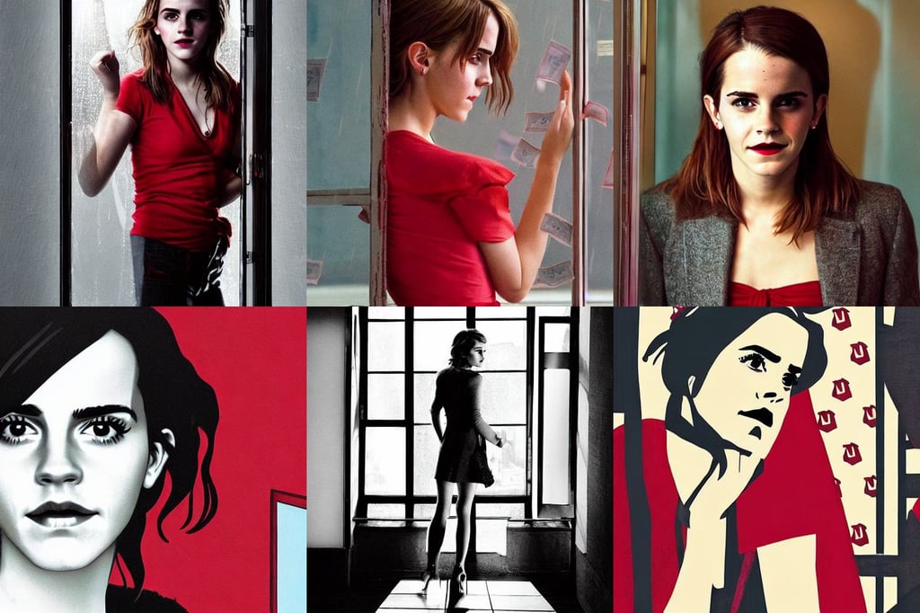 portrait of Emma Watson, aged 4 0, stylish, you can see through the window that it rains money bills, inspired by scott pilgrim !! Gradient red, seductive pose!!!, depressing and hopeless vibe, rubies, fine - face fine details, femme fatale, no frames