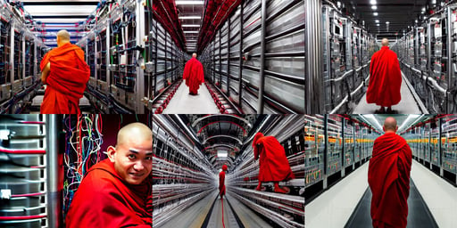 A monk in a red cloak, held aloft by thousands of wires in a cryochamber