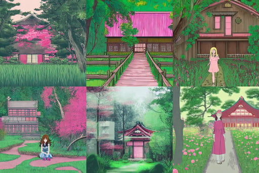 small old house in the woods, interior hidden, long straight darkblond hair :: attractive, rotoscope, woman made of plants, pink grass, mansion interior in the background, kyoto animation, concept character, heavy conduits