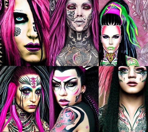 highly detailed portrait of tommy oliver, extreamly detailed, elaborate long black hairstyle, sacred tattoos on her face, long curled pink dyed hair