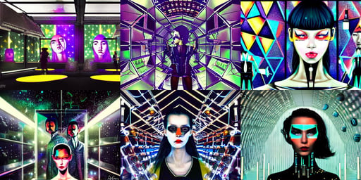 robotic laboratory with giant triangular walls and glass ceilings showing the stars and storm, harumi hironaka, terminator 2, eden!!!!!!!!!, disco ball, fashion outfit, shinjuku, faces by Tom Bagshaw, evil god, glennray tutor and edward hopper