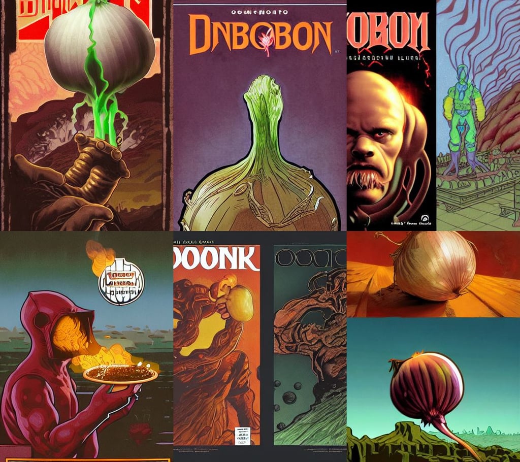 Onion in Doom game cover, drinking from a goblet, laurie greasley, by krista schumacher and georgia hart, cumulonimbus clouds, album art, paint style, high-resolution, highly detailed hamburger, eddy mendoza, matte painting by moebius and alphonse mucha _ w 1 0 2 4