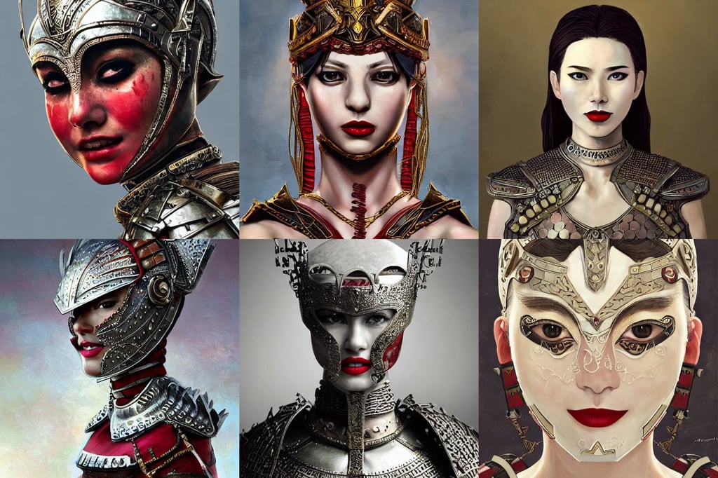 female warrior, lovely delicate face, sophisticated armor, red sexy lips, smile, close - up shots of faces, oil painting, passion, bravery, intricate armour costumes, light and shadow effects, intricate, digital painting, art station, concept art, cold tones, sharp focus, morandi color scheme, sharply shaped, illustration, art by makoto shinkai and lois van baarle