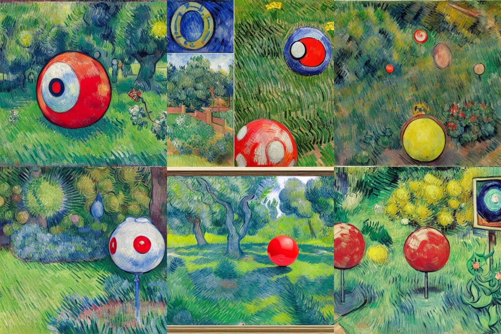 Pokeball made by Tiffany & Company, landscaping and lawns, art by Vincent Van Gogh, art by Paul Cézanne, granblue fantasy, art by Magdalena Carmen Frida Kahlo Claderón, binary code, art by Francis Bacon, art by Claude Monet, De-Noise, overgrown forest