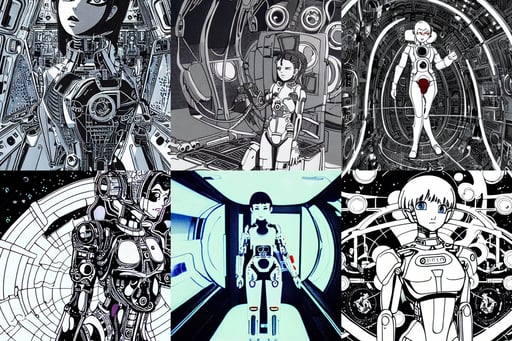 photo of a cyborg girl on a space ship, film 3 5 mm, intricate design, with white, futuristic anime series