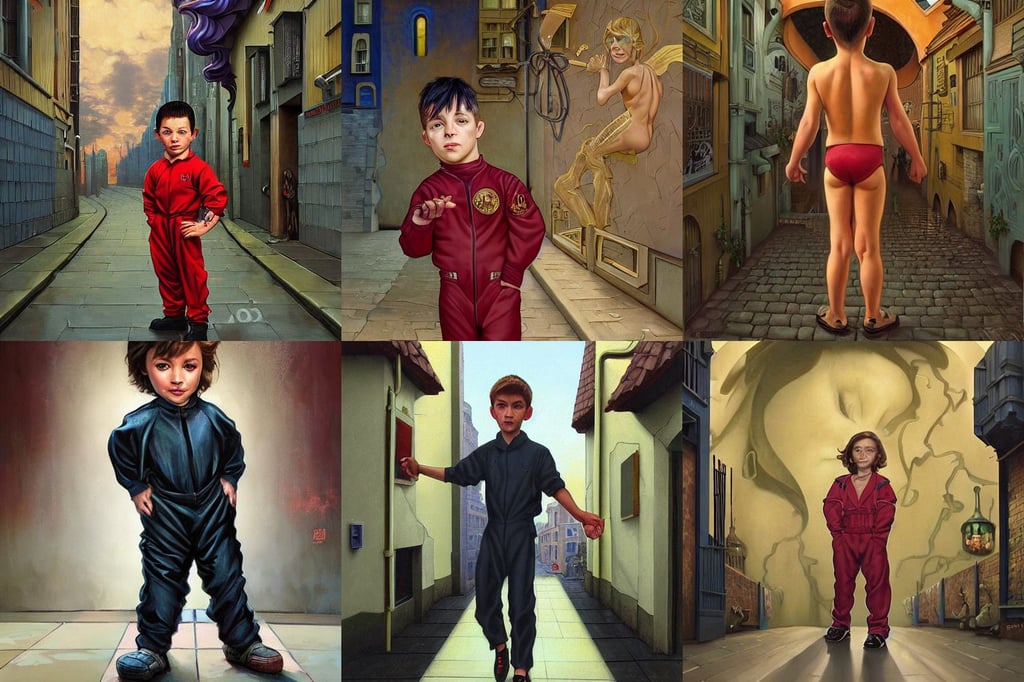 a highly detailed contemporary painting of a tiny boy in a Jumpsuit standing in a dark alley, by vladimir kush, muscular! fantasy, emilia clarke face!!!, flesh buildings, by Alphonse Mucha and Shepard Fairey, by j c leyendecker, pinup, Nicolas Bouvier SPARTH, 'red hair ', looking at the camera, and don bluth, art by artgerm and greg rutkowski and magali villeneuve #pope francis #red ear slider turtle, technological armor