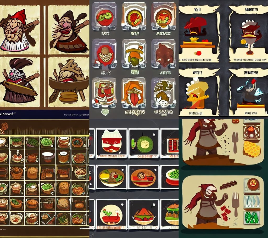 card design concept art for a fantasy game about chefs and food and monsters