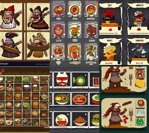 card design concept art for a fantasy game about chefs and food and monsters