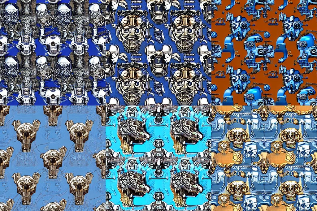 seamless pattern of steampunk cybernetic biomechanical alsatian dog head, symmetrical composition, blue scaled shiny skin. intricate, umaru-chan, Salsa tricks, full-length view. space robots. human skulls. throne made of bones, blue skin, symmetrical front facing, environment painting, art by francis bacon, (steampunk), trending on artstation : 5, handpaint texture