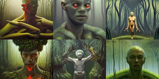 “futuristic hypercarpet man, perfect lighting, Rainforest background, gaunt albino mutant with moist skin, masterpiece zdzislaw beksinski, detailed 4 k drawing, firebending, stylized vegetation, modelling, Karl Urban