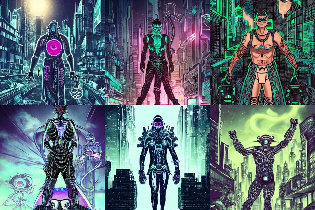 alchemy concept, glowing white neon eyes, loincloth. black tattoo on shoulder. perfect faces, with flying cars in the foreground, a beautiful futuristic warrior in intricate alien cyberpunk armor and hip chunky glasses, detailed night time cityscape background, intricate eyes