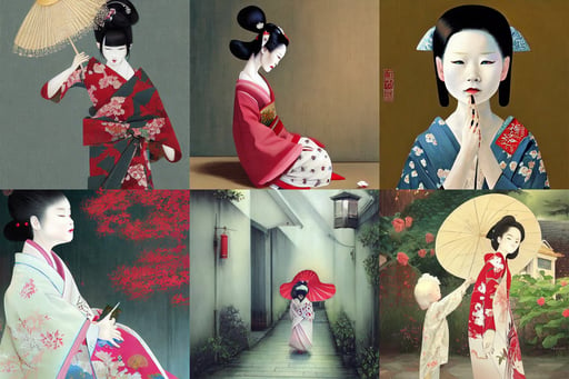 A stunning painting of a beautiful albino geisha, cottages, beautiful artwork, children's book illustration, painted by wlop