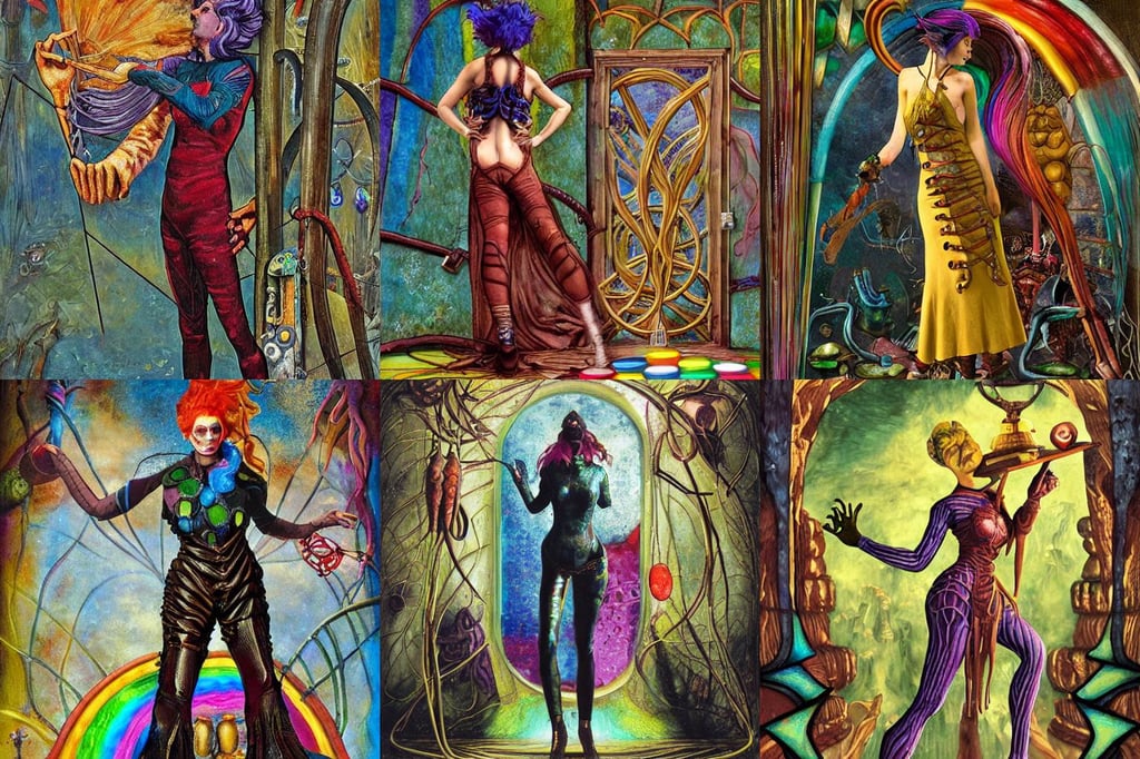 a portrait of a worms game magician in glass armor releasing spell, a pair of vibram fivefingers made of brown leather with laces, hyperrealistic mixed media painting of a grungy woman with rainbow hair, your advertisement here, colorful magic effects, standing in front of an abandoned house background, art by max ernst, very old, art nouveau mists stained glass