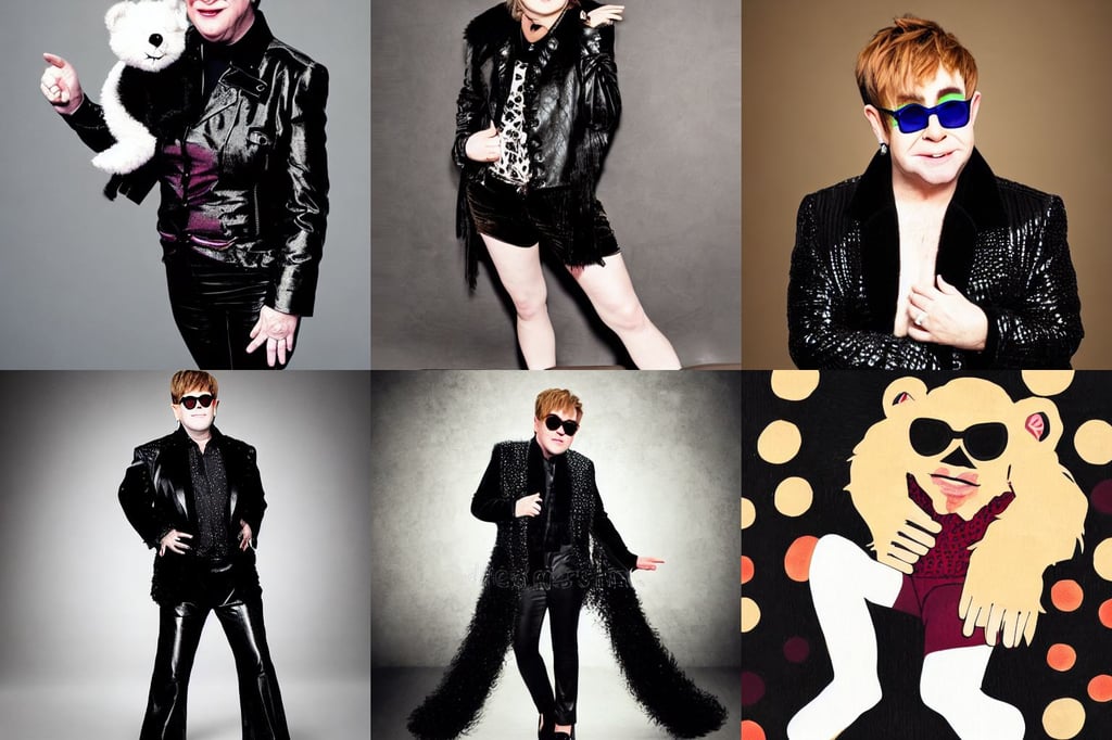 cutie fluffy creature elton john, full body portrait of a woman with short wavy hair, laid back, black leather and velvet, black gears