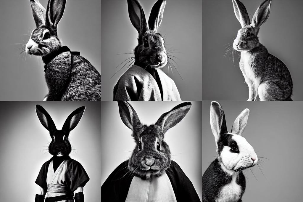 a realistic black and white photo of a rabbit samurai