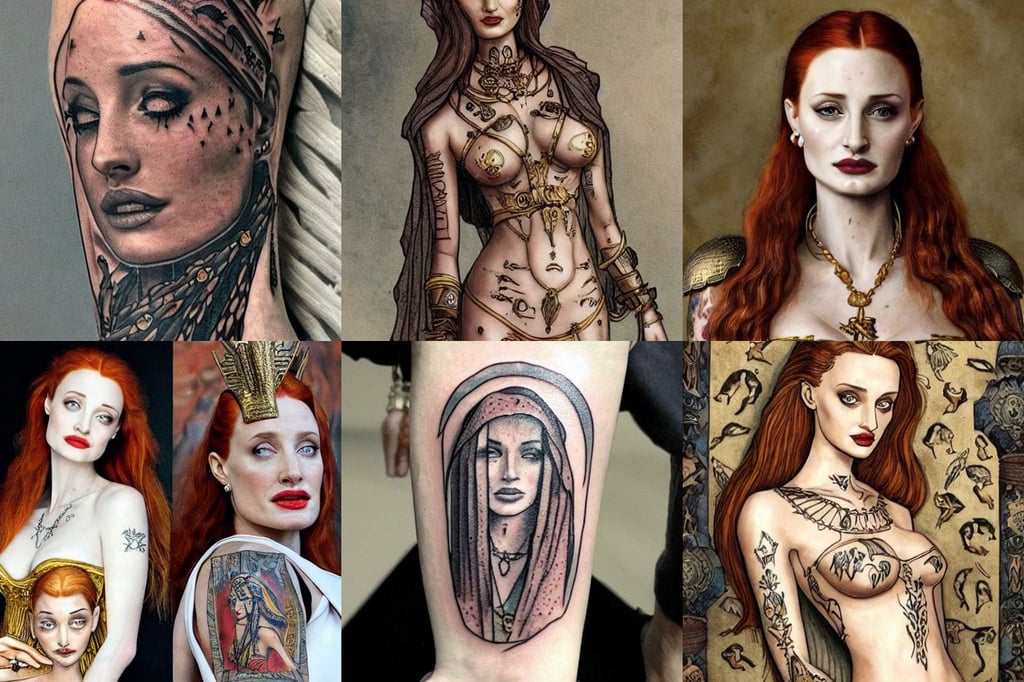 sansa angeline jolie gessica chastain mummy cleopatra gold, older brother vibes, tattoos by Anton Pieck