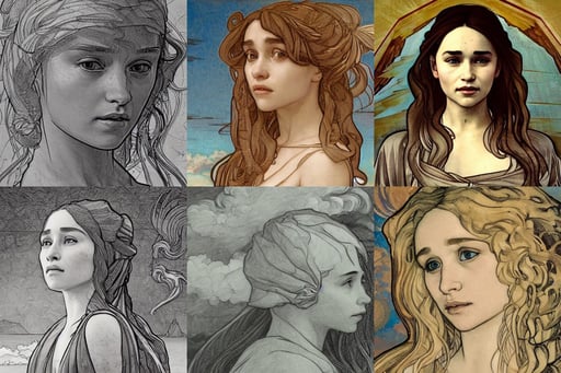 mix between emilia clarke, Old Building, art by Leonardo Da Vinci, and intricate clouds on the Aegean shore. Drawn in the style of Alphonse Mucha, Unreal Engine, art by Leonardo Da Vinci