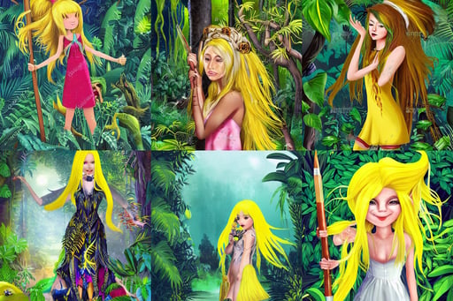 wizard girl with long yellow hair wearing a dress in a jungle, amazing fine details and brush strokes