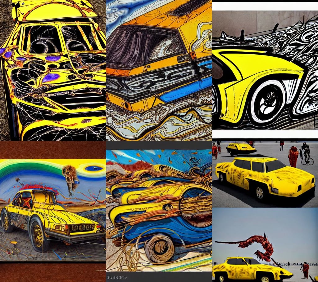 burning man art cars, art by Nicolas Poussin, art by Raffaello Sanzio, whirlwind, art by Jackson Pollock, trending on ArtStation, black and yellow shinobi shōzoku, bold and thin ink lines 8k