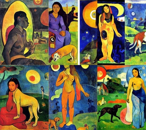 goddess and her hound, shield, art by Paul Gauguin, portrait of a an astronaut, outerspace