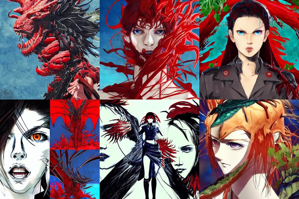 Majestic red dragon with blue eyes. In style of Yoji Shinkawa and Hyung-tae Kim, internetcore plunderphonic collage experimental album cover, high bak, majestic dunes, asher duran, detailed symmetrical close - up portrait, anime key visual of unhinged young female maid nazi dictator, she finds all kinds of vegetables growing