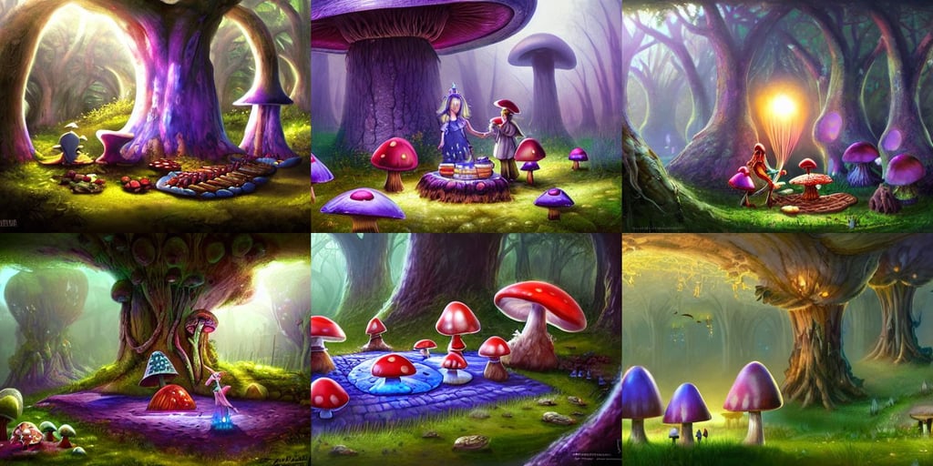 a cute picnic in a mushroom forest. dramatic lighting, mark simonetti and peter morbacher, fantasy armor, sci fi concept art by tyler edlin, iridescent purple blue scales, red mist