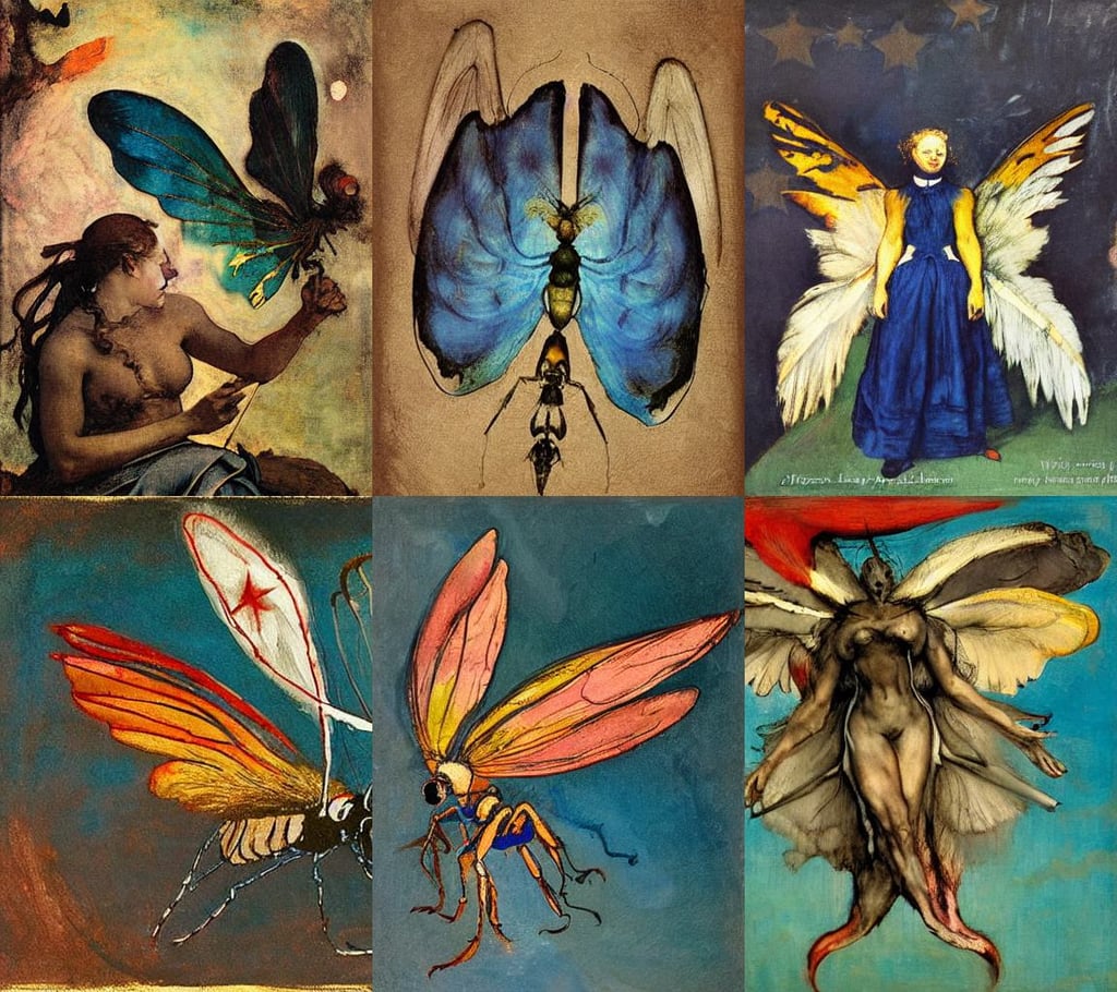 quick and dirty digital sketch, insect wings, art by Eugène Delacroix, whimsical, art by Albrecht Dürer, frazetta, stars, art by Domenikos Theotokopoulos, horror, art by Francis Bacon, art by Hilma Af Klint, teal, art by Winslow Homer, art by Sandro Botticelli, art by Jenny Saville, art by Marcel Duchamp