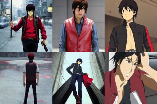 stressed and desperate Man in red leather vest, makoto shinkai